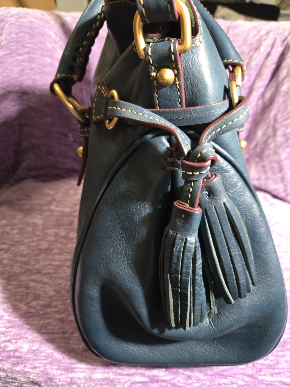 Dooney & Bourke Medium Satchel in Denim. Florentine Leather with Gold Hardware. - Picture 4 of 12